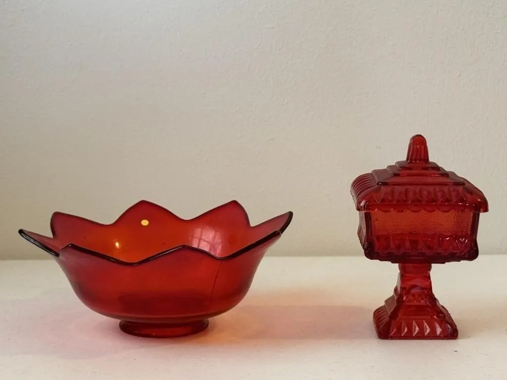 Ruby Red Fenton Lotus Bowl & Jeannette Candy Dish