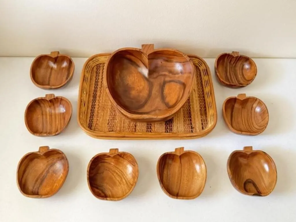 Wood Apple Bowls & Woven Trays