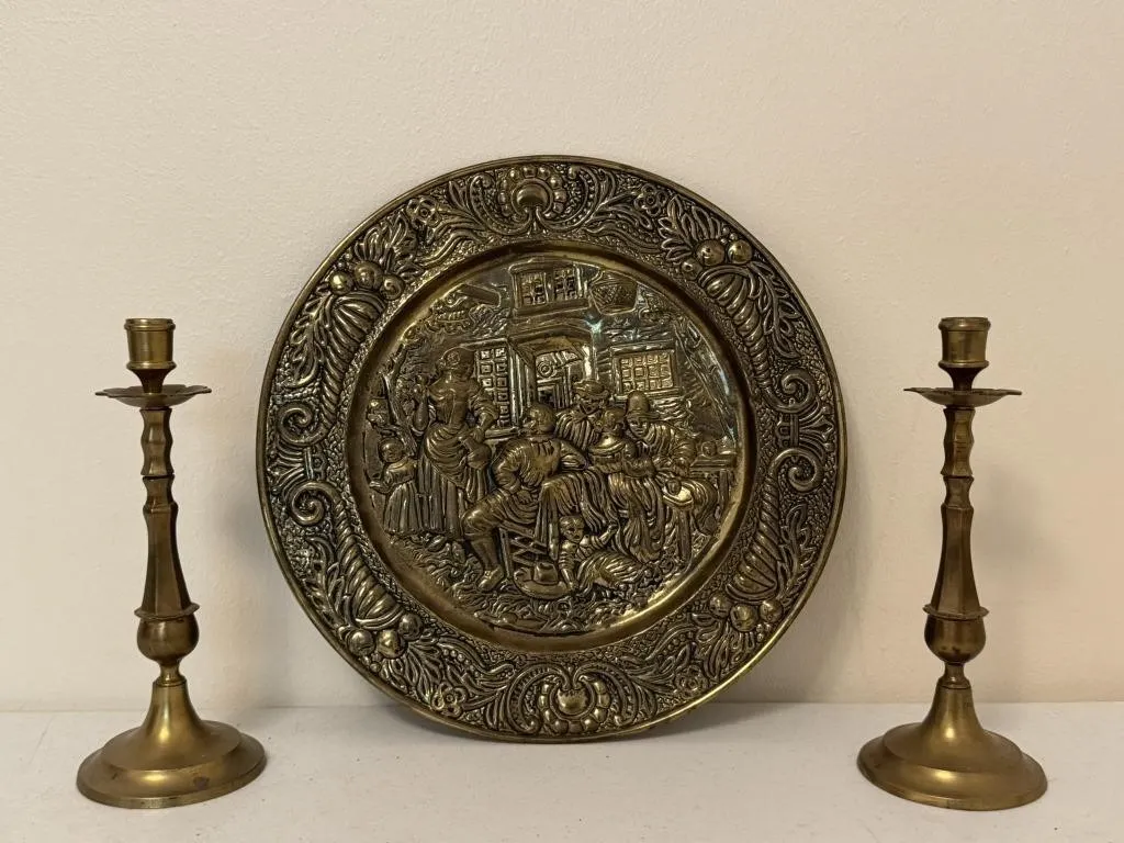 Brass Embossed Plate & Candleholders