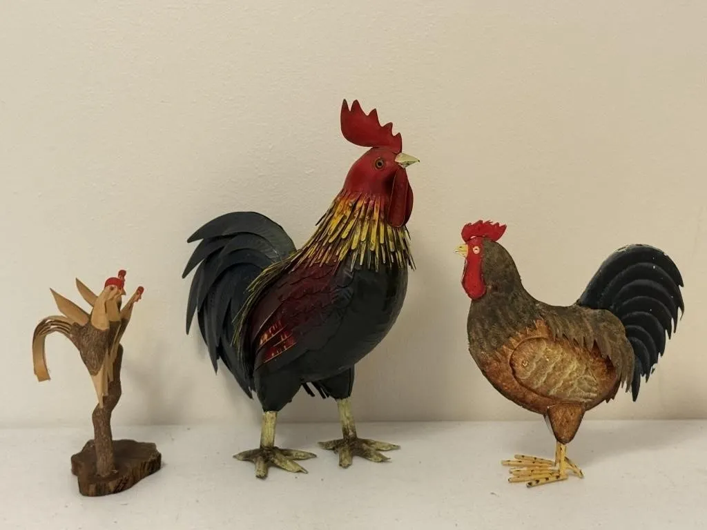 Metal & Wood Folk Art Roosters