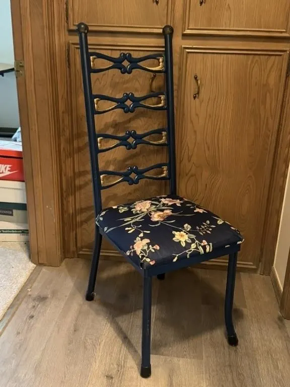 Blue Metal Chair with Floral Seat