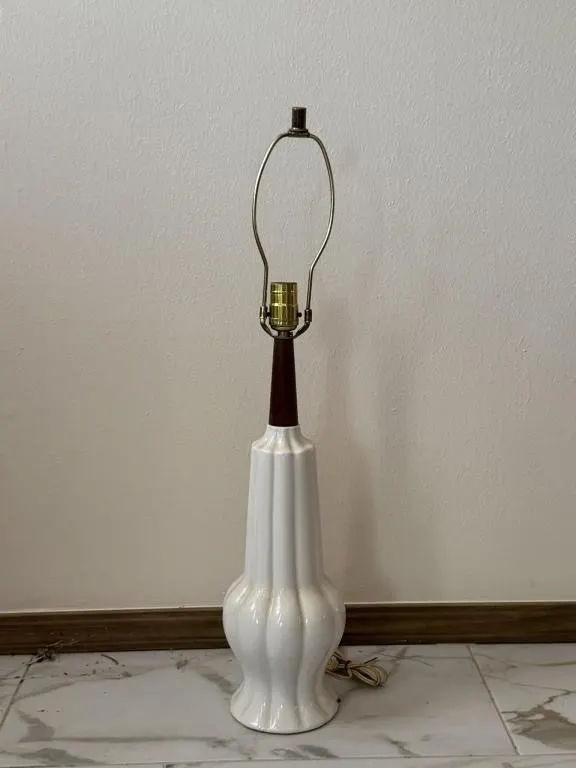 Mid-Century Modern Ceramic & Wood Fluted Lamp