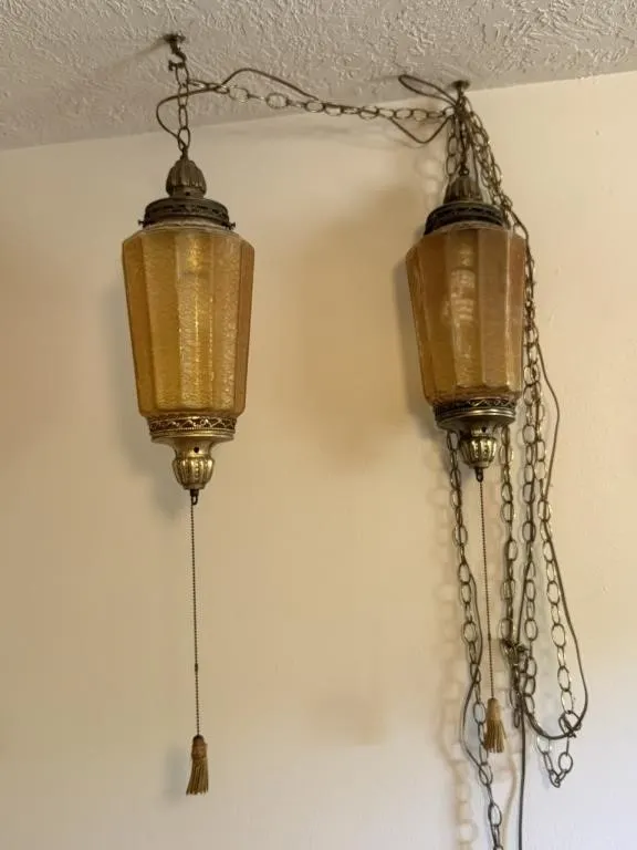 Vintage Amber Glass Swag Pendant Lamps