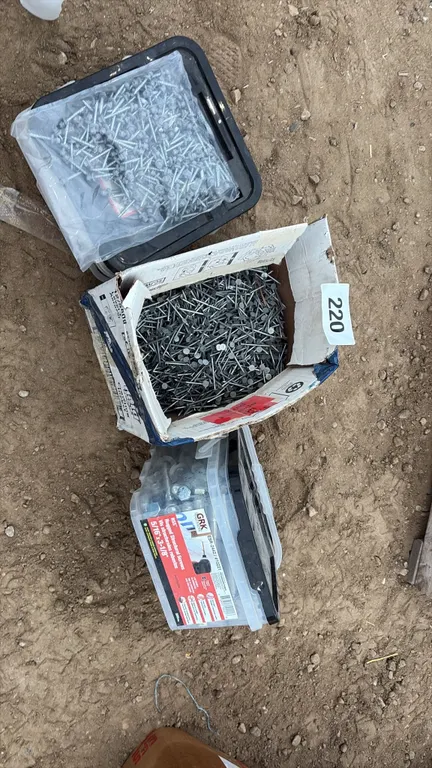 Box of roofing nails, metal screws with box of leg bolts