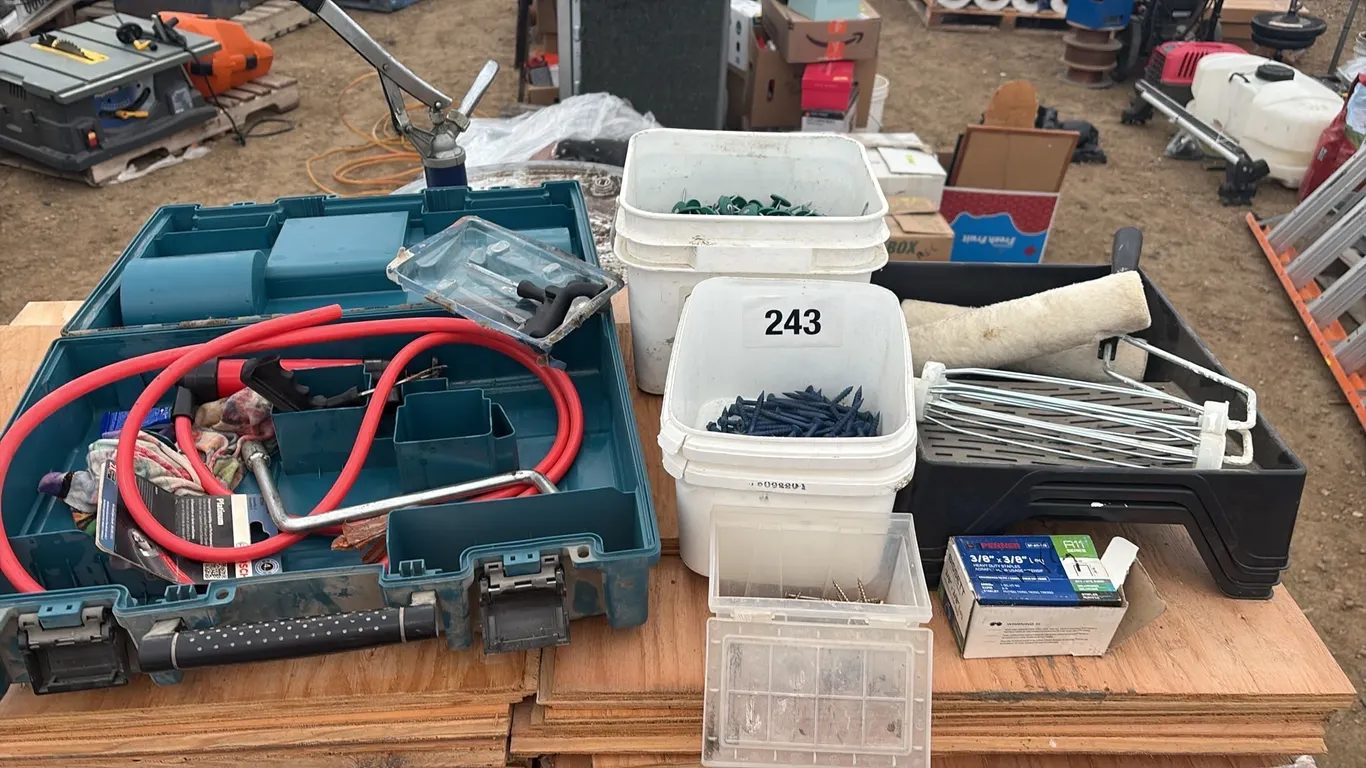 Miscellaneous lot of paint tray, roller, screws and more