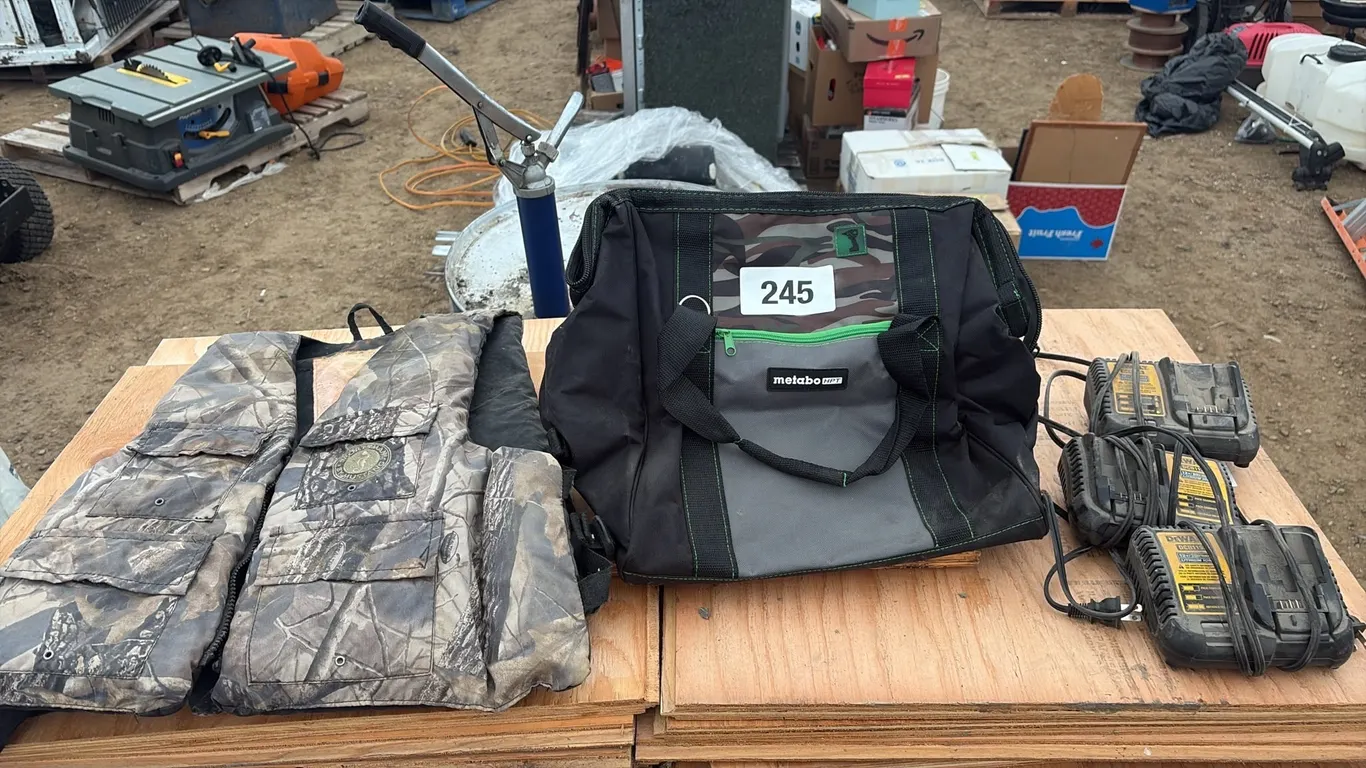 3-Dewalt battery chargers with tool bag and hunting vest