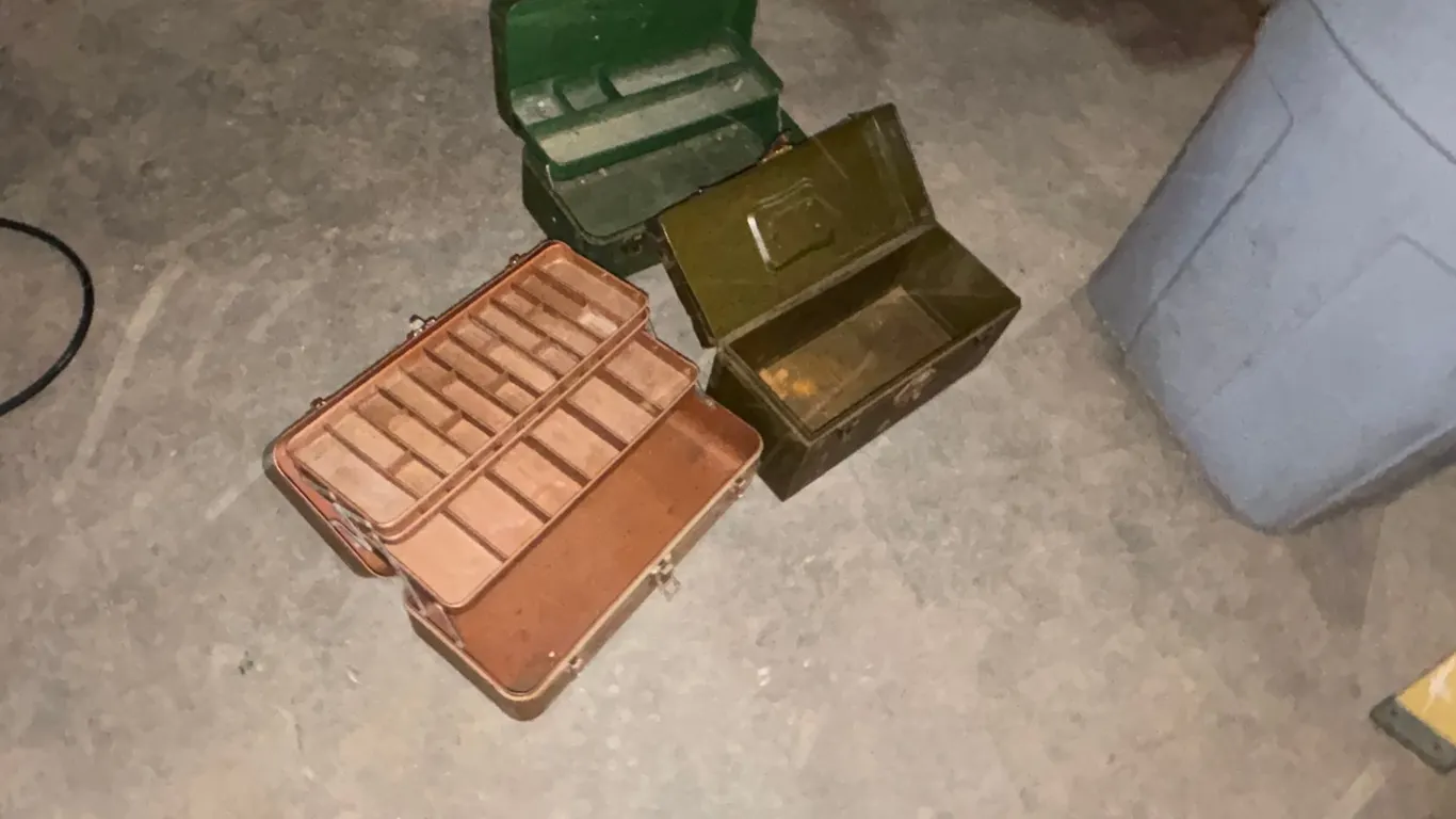 (3) Vintage Tackle Boxes, (2) Minnow Buckets, and (3) Butter Crocks