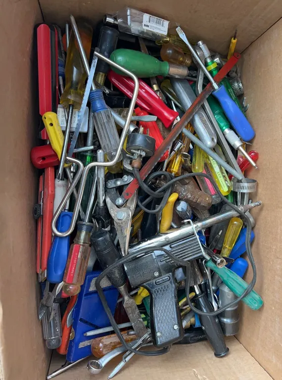 Box Lot Of Assorted Hand Tools And Soldering Gun