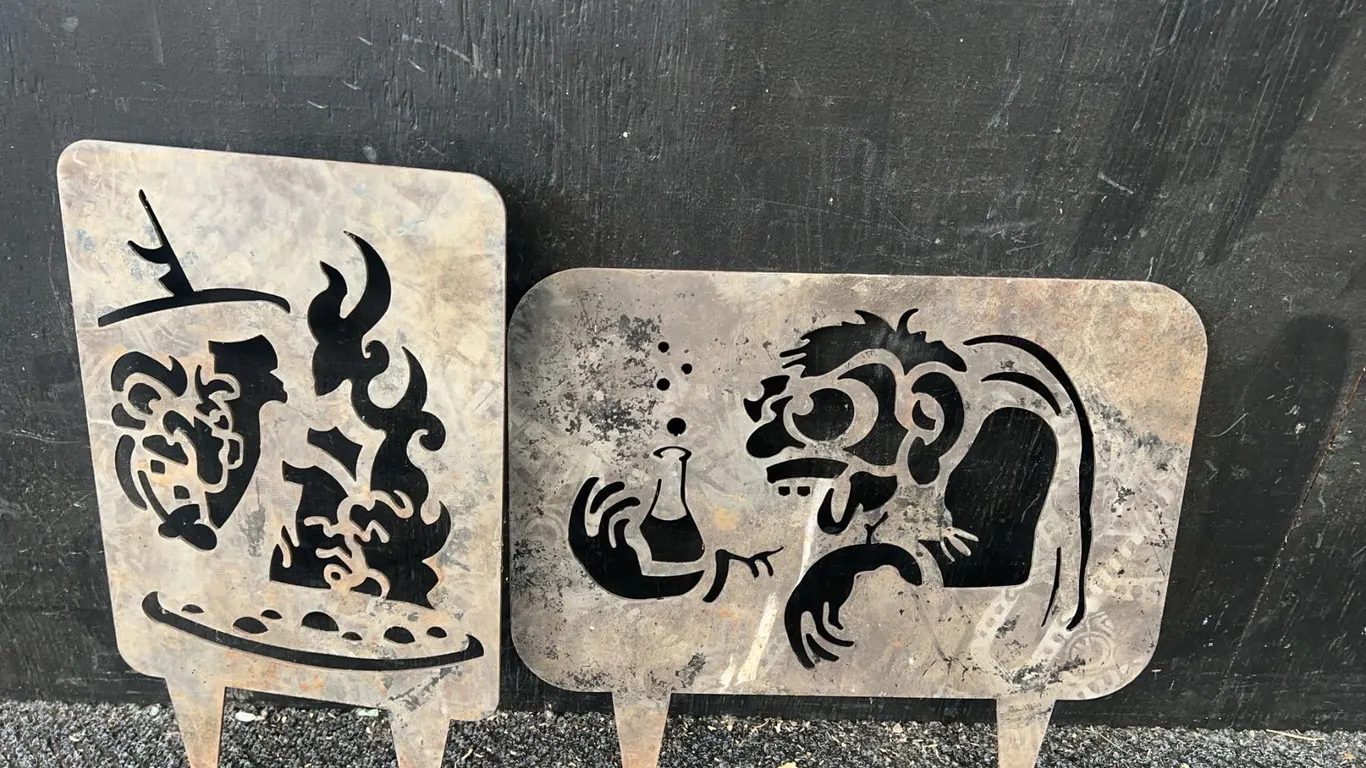 Cut Metal Witch and Mad Scientist Garden Stakes