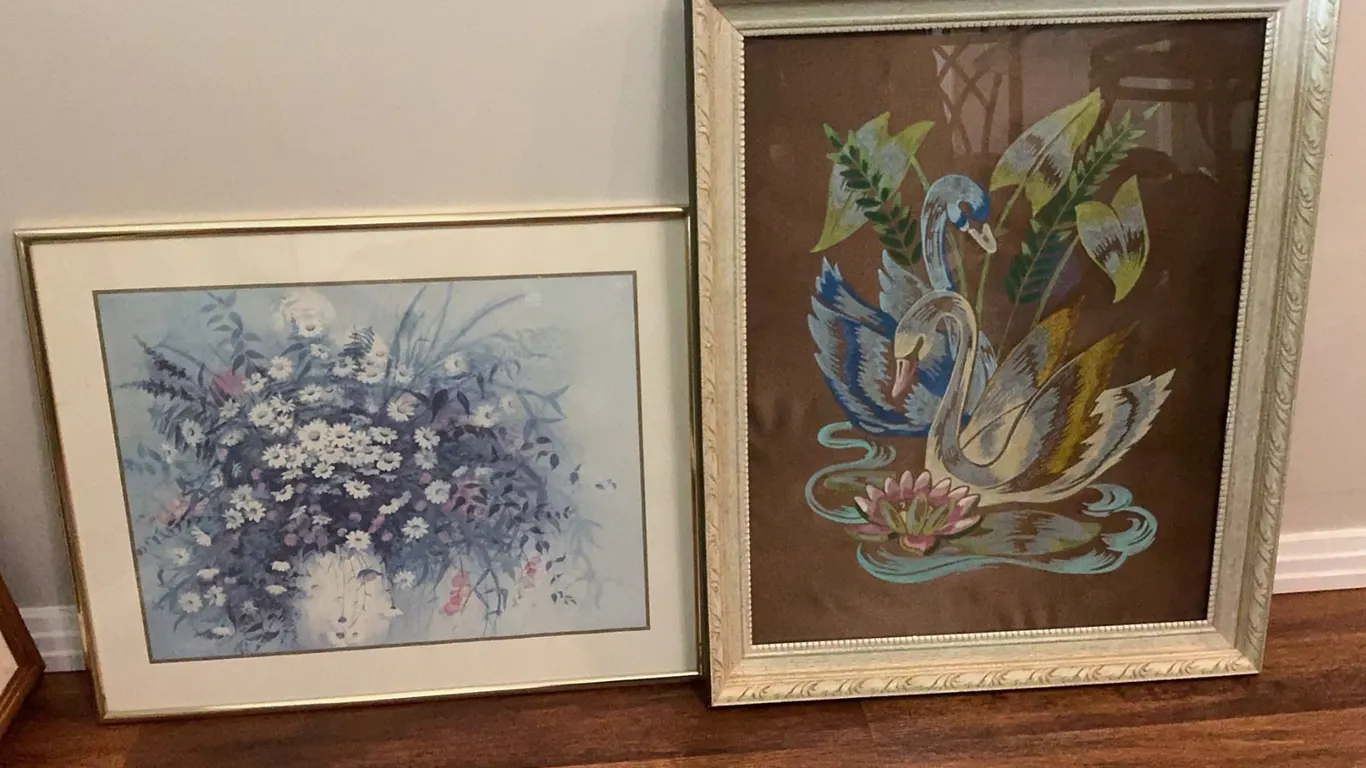 Framed Wall Art: Floral Print And Swans Textile