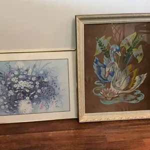 Framed Wall Art: Floral Print And Swans Textile