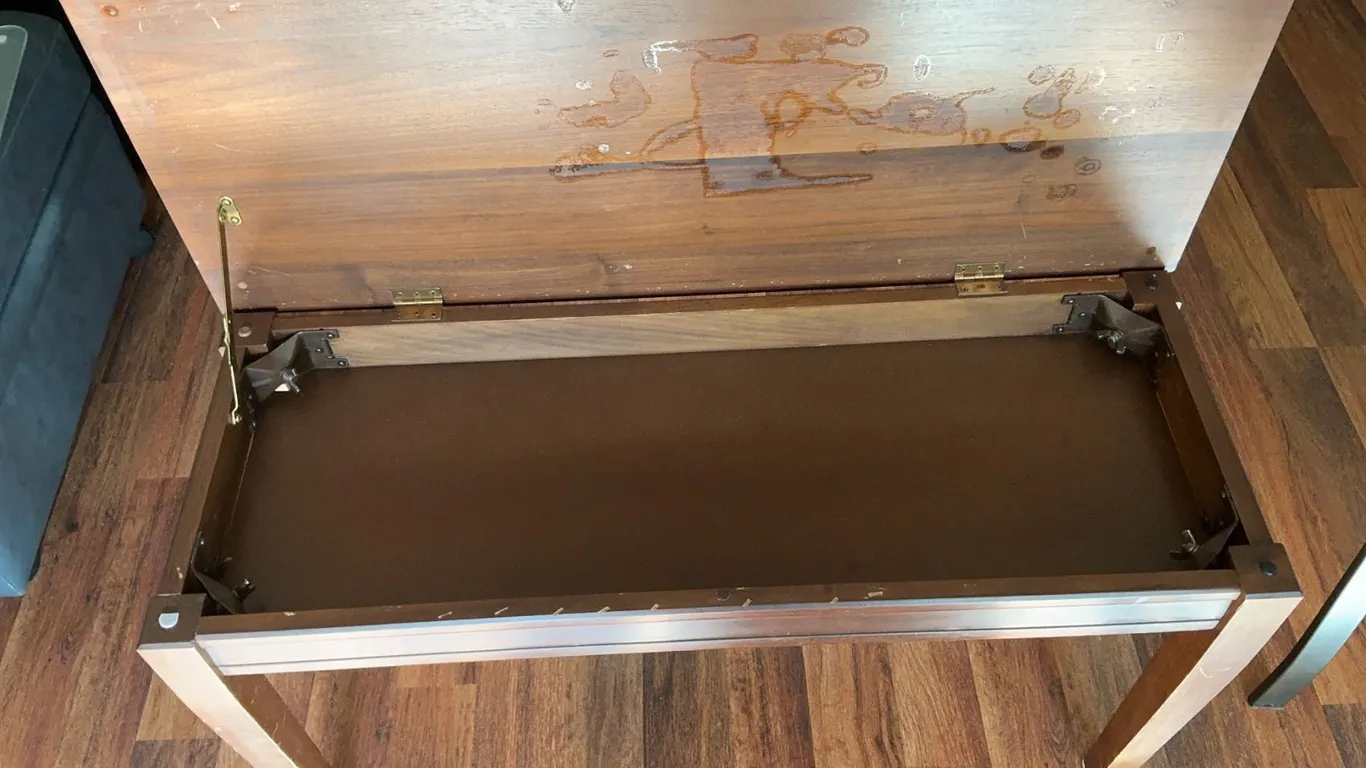 Storage Bench, Two Upholstered Stools, and Side Table