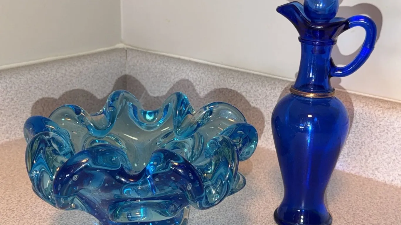 Blue Art Glass Ruffled Bowl and Avon Blue Glass Decanter