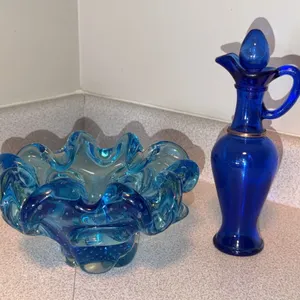 Blue Art Glass Ruffled Bowl and Avon Blue Glass Decanter