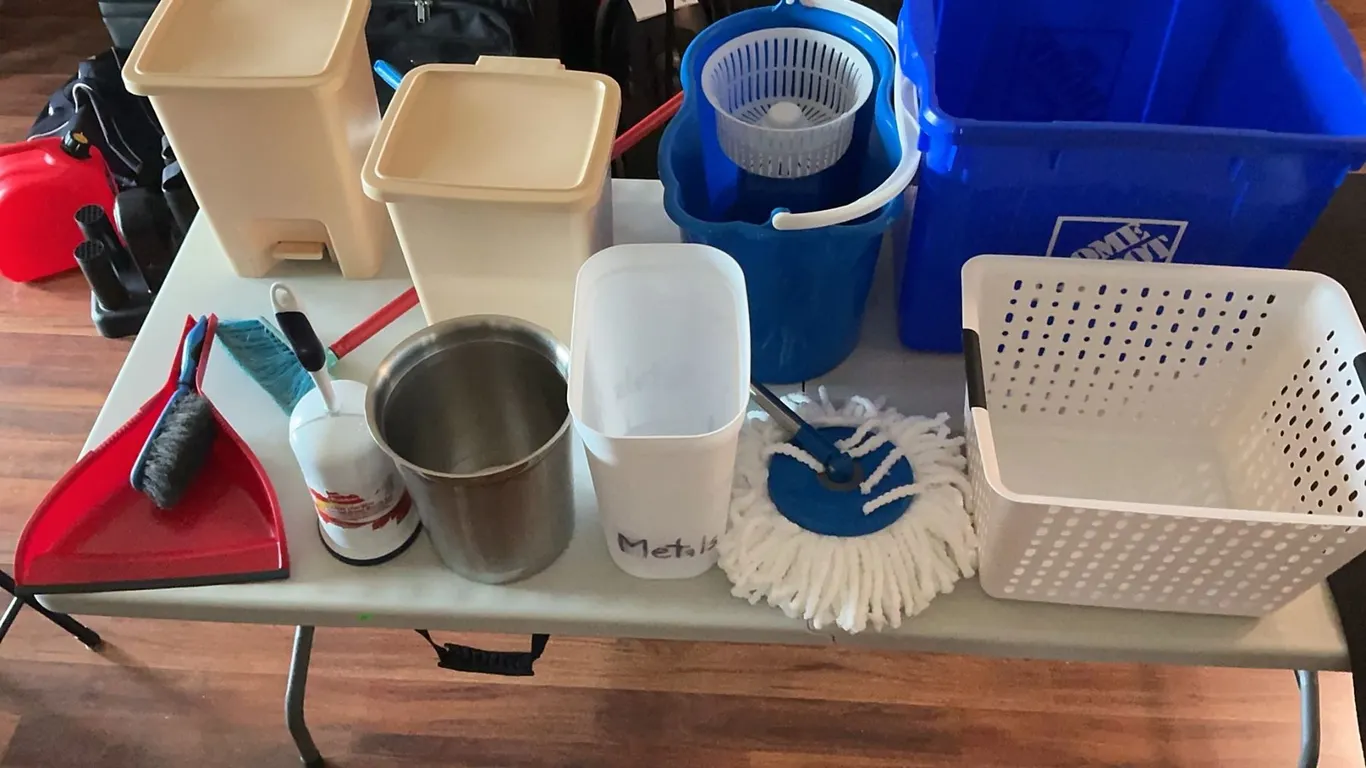 Cleaning Supplies Including Brand New Mop, Bins, Bucket, and Accessories