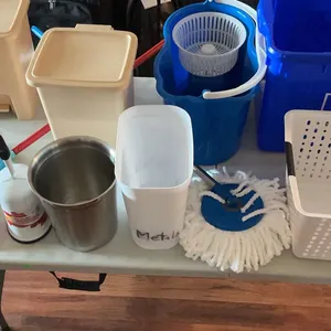 Cleaning Supplies Including Brand New Mop, Bins, Bucket, and Accessories