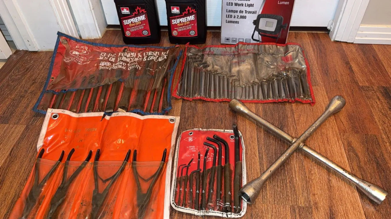 Automotive Tool Lot With Wheel Wrench, Chisel Set, Key Sets, Pliers, Oil, Work Light