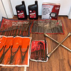 Automotive Tool Lot With Wheel Wrench, Chisel Set, Key Sets, Pliers, Oil, Work Light