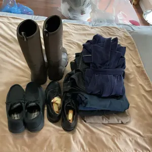 Men's Clothing and Footwear Lot: Jeans, Pants, Sweatpants, Bathrobe, Shoes and Boots