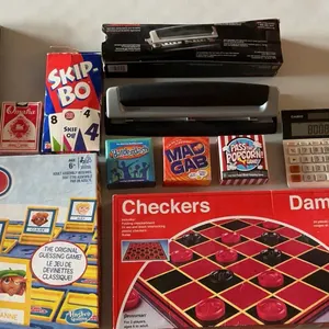 Board Games and Office Supply Lot Including Bostik 260 Glue Gun