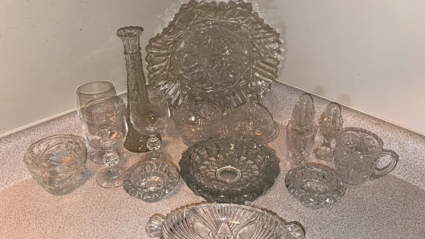 Pressed Glass Tableware Assortment Including Plates, Bowls, and Serving Pieces