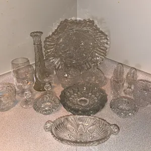 Pressed Glass Tableware Assortment Including Plates, Bowls, and Serving Pieces