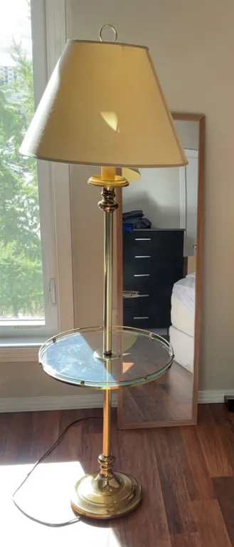 Brass and Glass Floor Lamp with Table and Rectangular Mirror