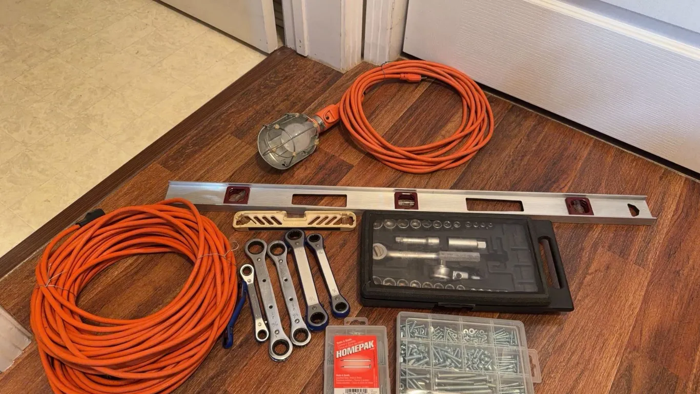 Tools With 50ft Extension Cord, 16ft Work Light, and Fasteners