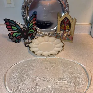 Decorative Lot: Embossed Glass Platter, Milk Glass Egg Plate, Candle Holders, and Engraved Tray
