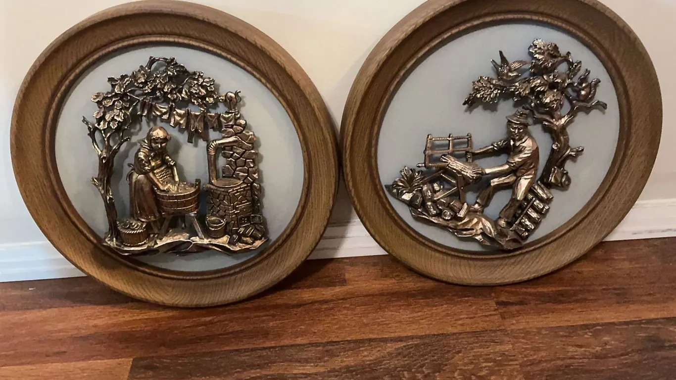 Relief Wall Plaques With Country Life Scenes, Wood Frames