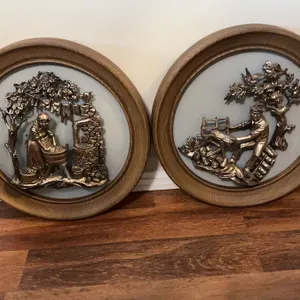 Relief Wall Plaques With Country Life Scenes, Wood Frames