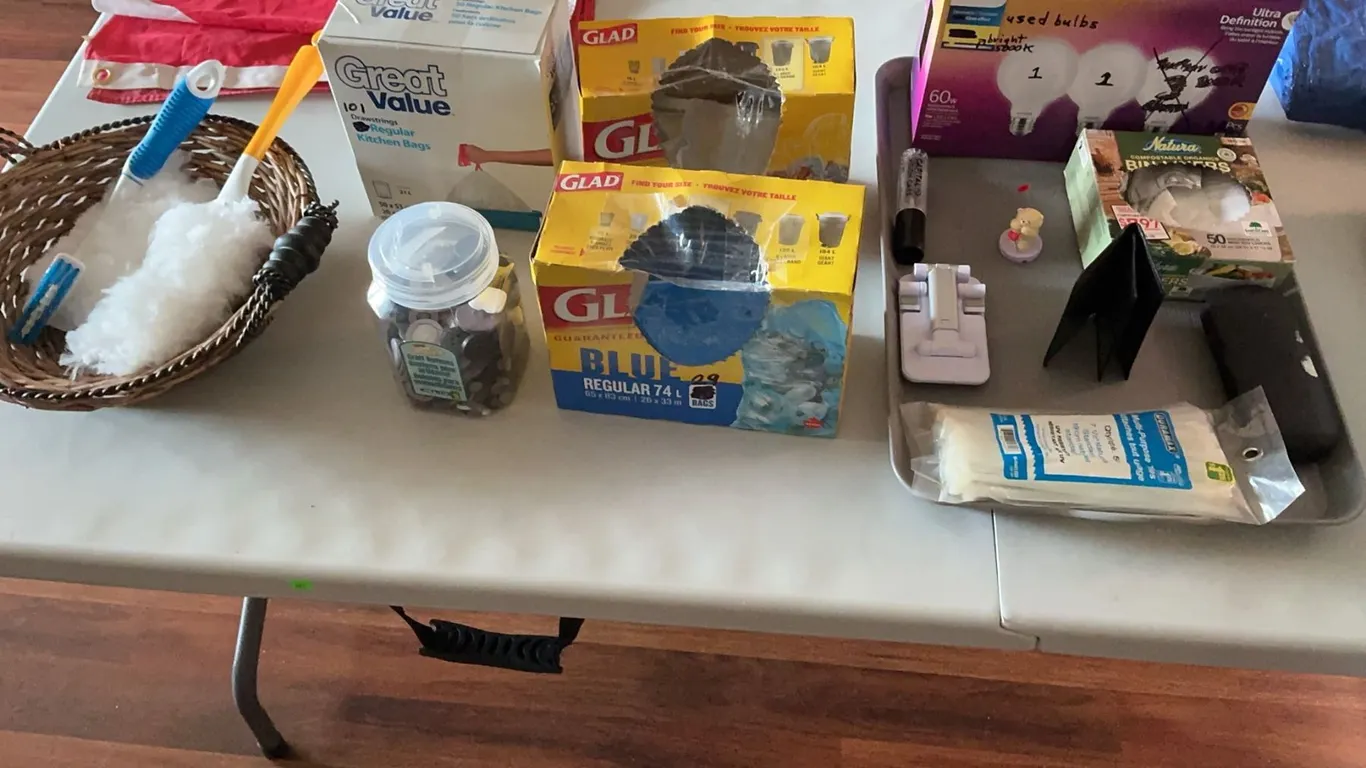 Household Utility Lot With Air Mattress, Tarpaulin, Canadian Flag, and Accessories