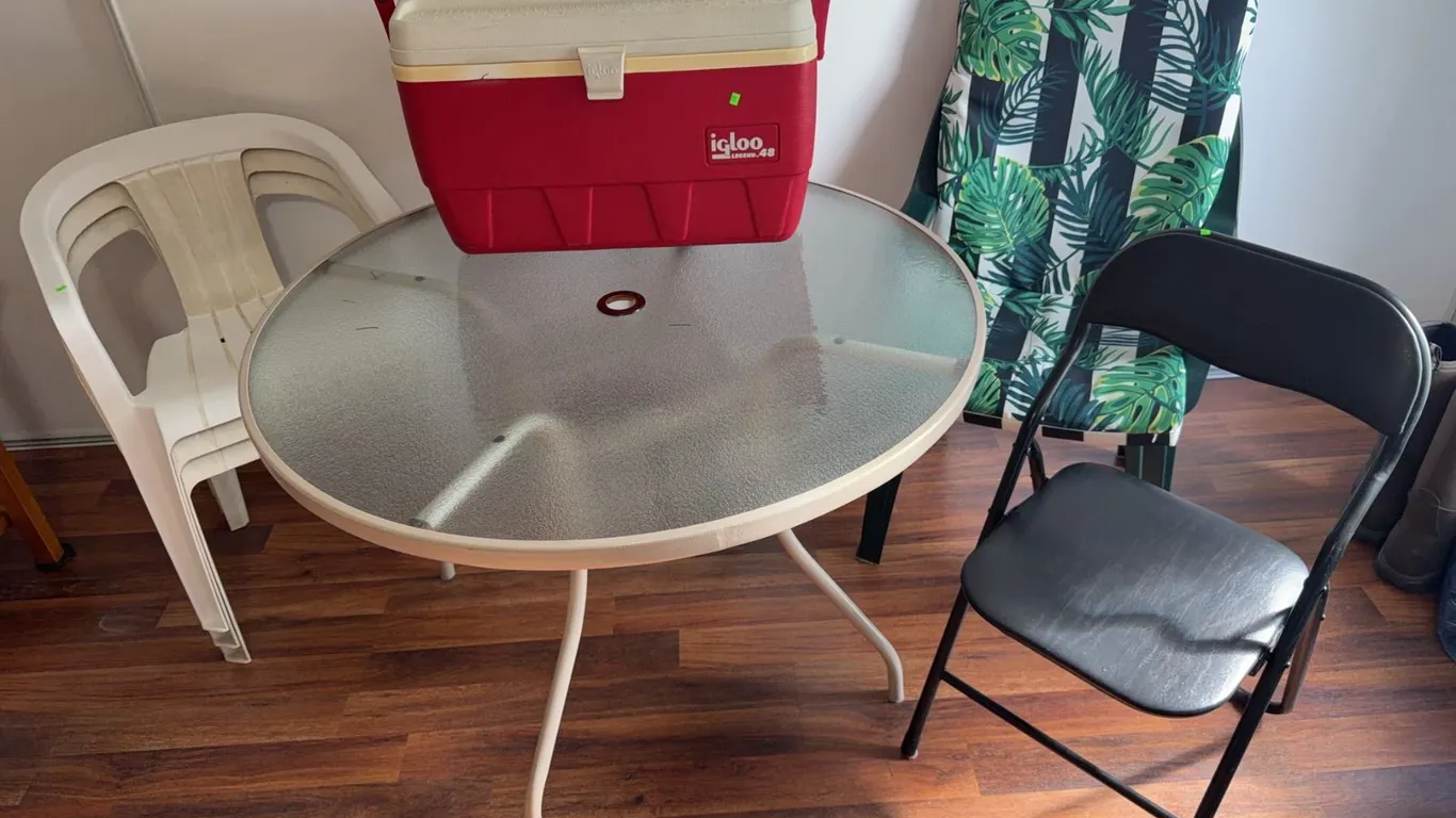 Patio Set with Metal and Glass Table, Chairs, and Igloo Cooler