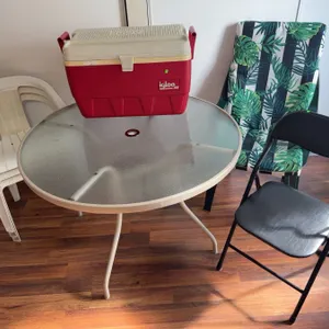 Patio Set with Metal and Glass Table, Chairs, and Igloo Cooler
