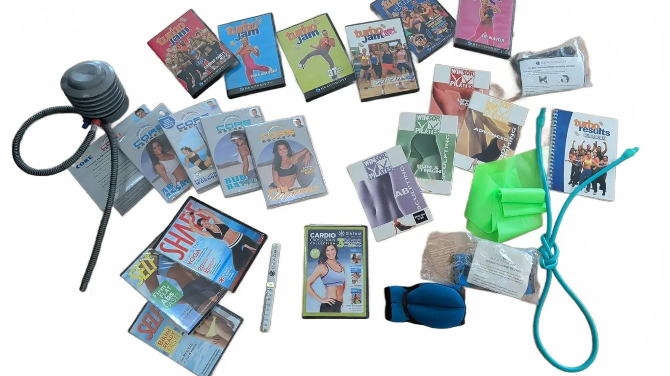 Home Fitness DVD Lot With Accessories and Resistance Bands