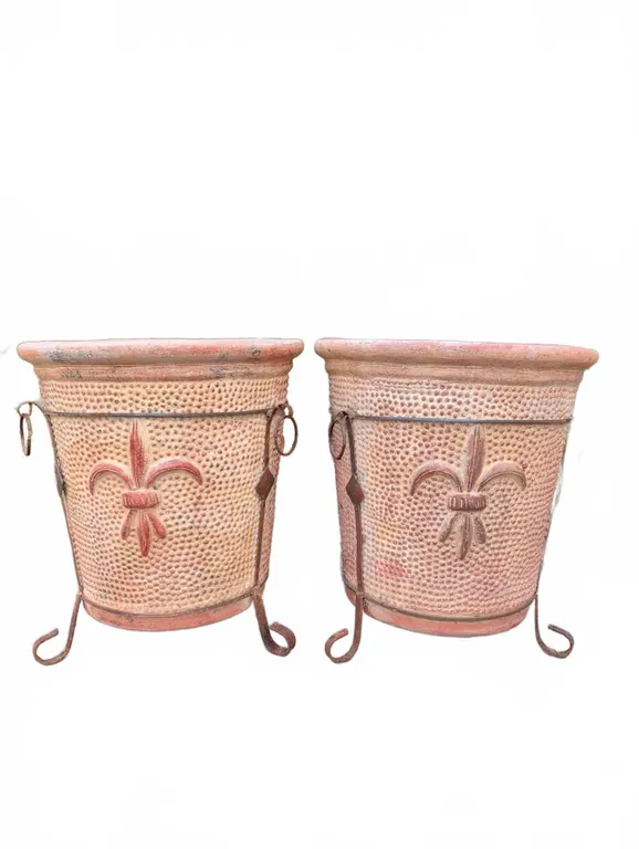 Terra Cotta Planters with Fleur-de-Lis and Iron Stands