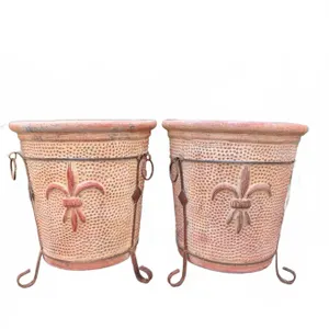 Terra Cotta Planters with Fleur-de-Lis and Iron Stands