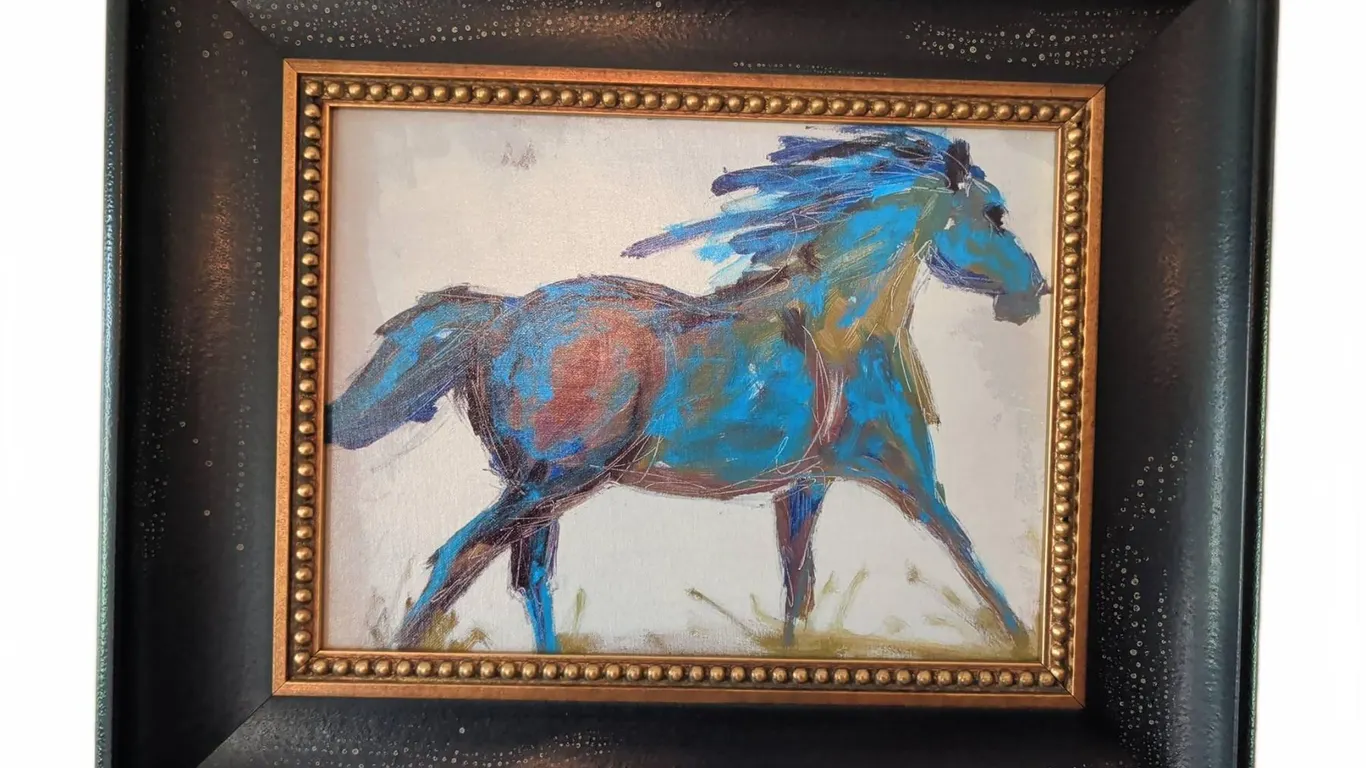 Framed Canvas Painting of Blue Horse with Decorative Frame