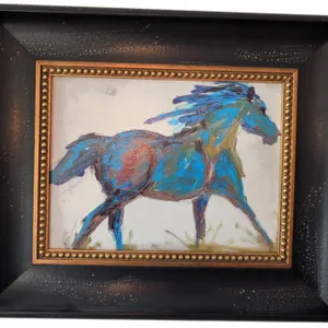 Framed Canvas Painting of Blue Horse with Decorative Frame