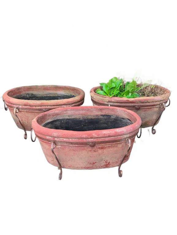 3 Large Oval Terra Cotta Planters with Iron Stands