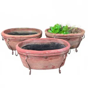 3 Large Oval Terra Cotta Planters with Iron Stands