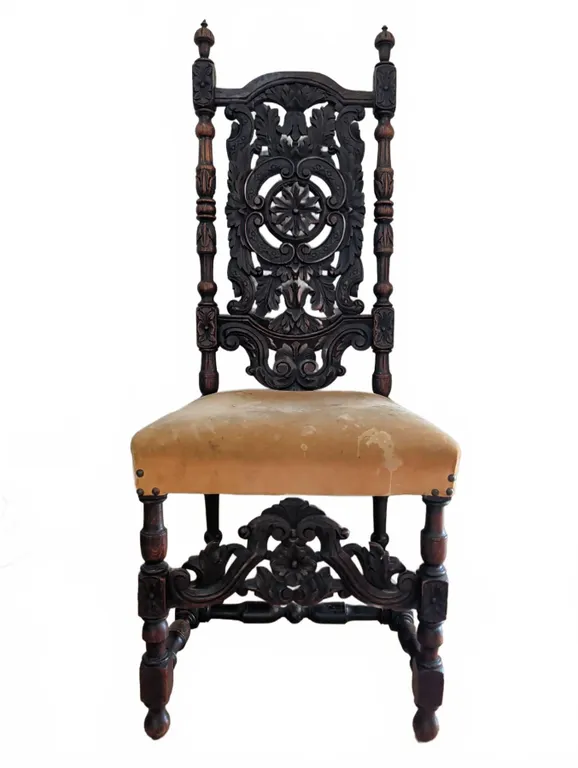 Dark Wood Side Chair With Ornate Carved Back and Tan Upholstered Seat