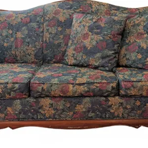 Floral Upholstered Sofa with Carved Wood Frame and Three Throw Pillows