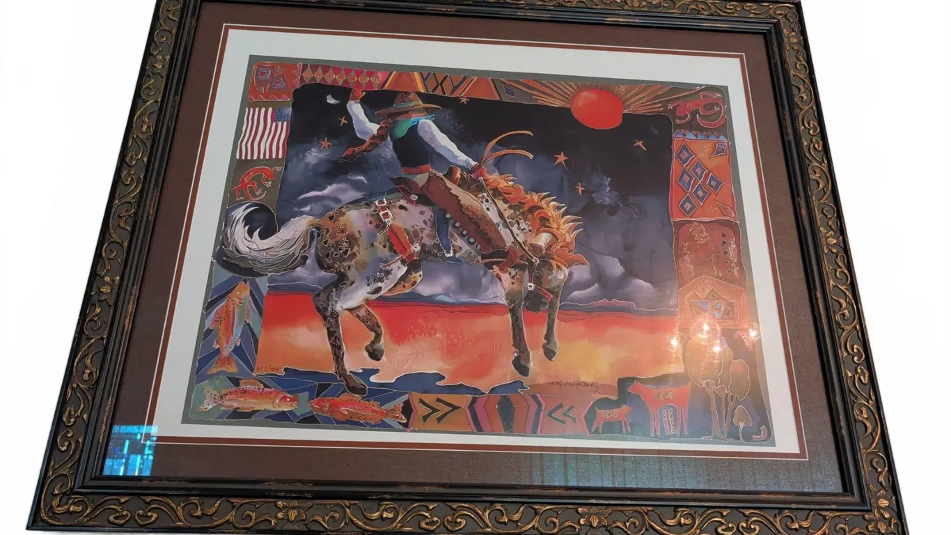Framed Signed Print by Nancy Dunlop Cawdrey, Western Rodeo Scene, 37x30 Inches