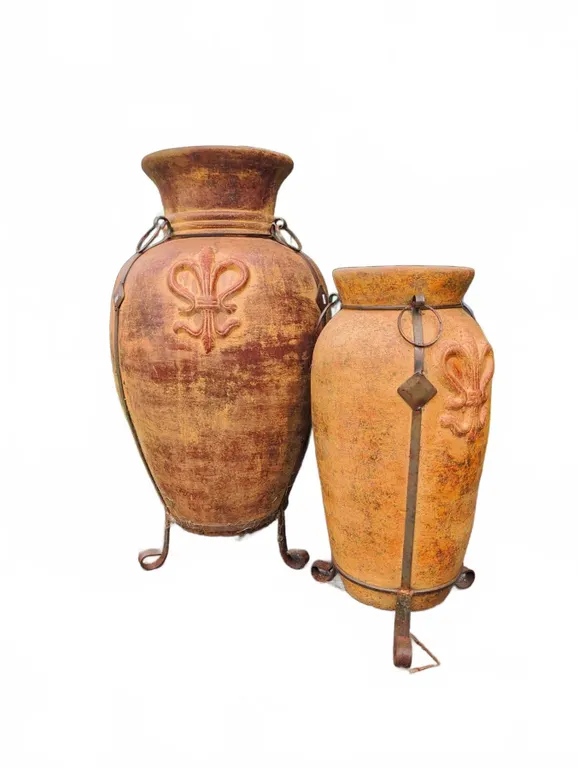 Hecho en Mexico Terracotta Floor Vases with Iron Stands