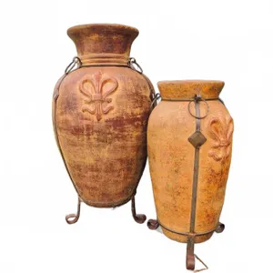 Hecho en Mexico Terracotta Floor Vases with Iron Stands