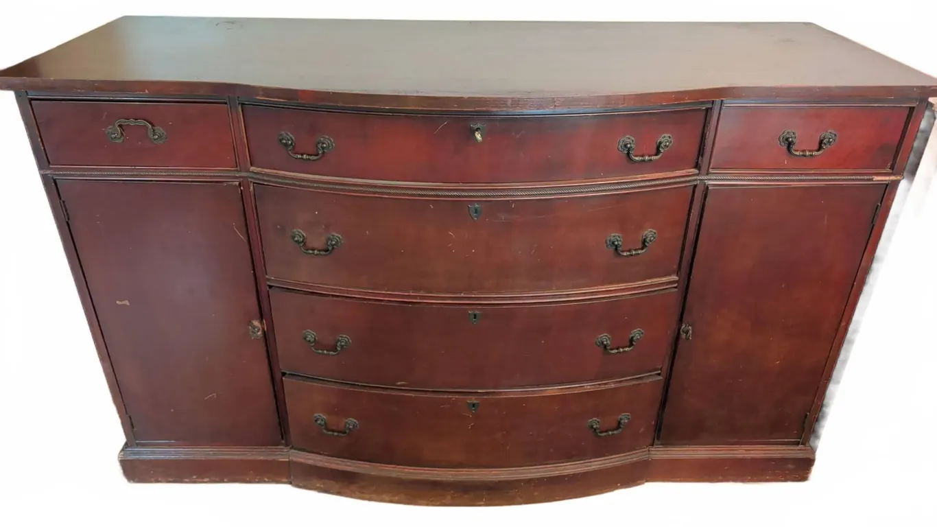 Mahogany Sideboard Buffet with Bow Front, Brass Hardware, and Key
