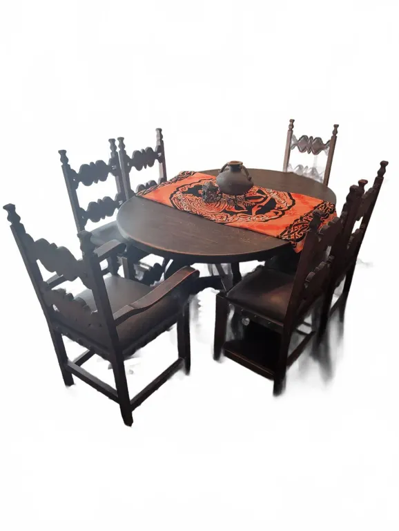 Spanish Revival Dining Table With Four Matching Chairs, Wood and Faux Leather