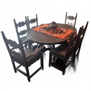 Spanish Revival Dining Table With Four Matching Chairs, Wood and Faux Leather
