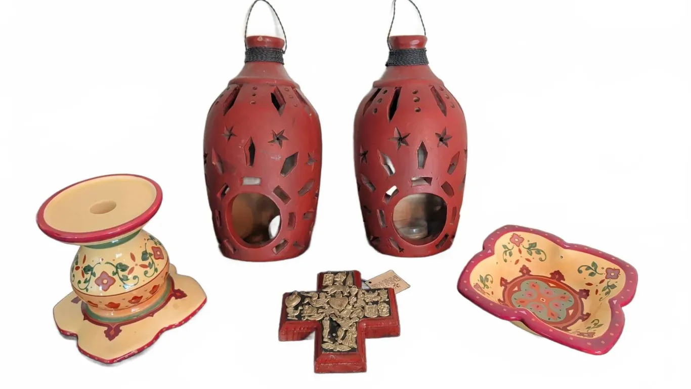 5 Decorative Mexican Folk Art Pieces Including Candleholders and Cross